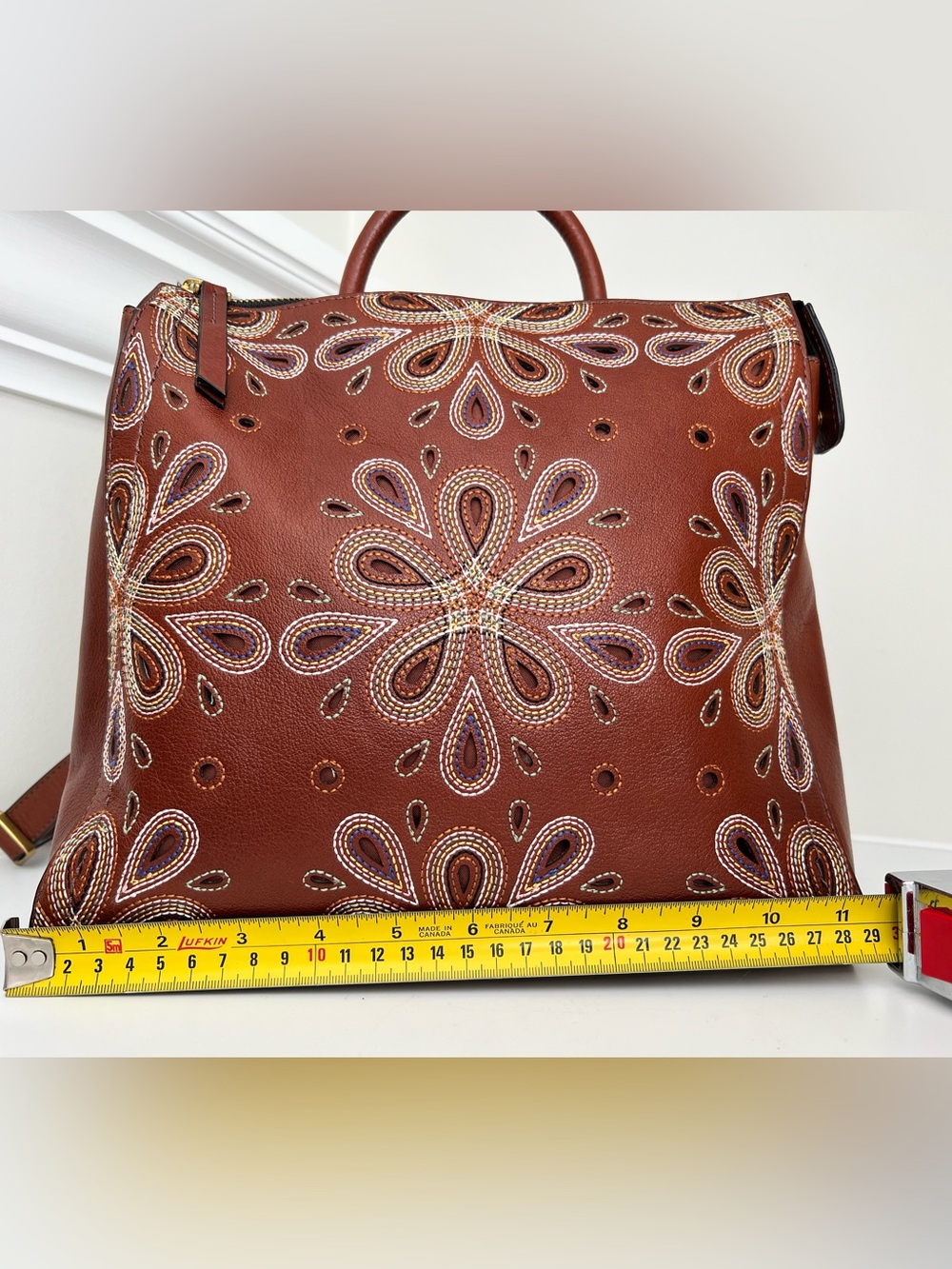 Fossil Brown Leather Satchel with Multicolor Embroidered Florals - Picture 3 of 13